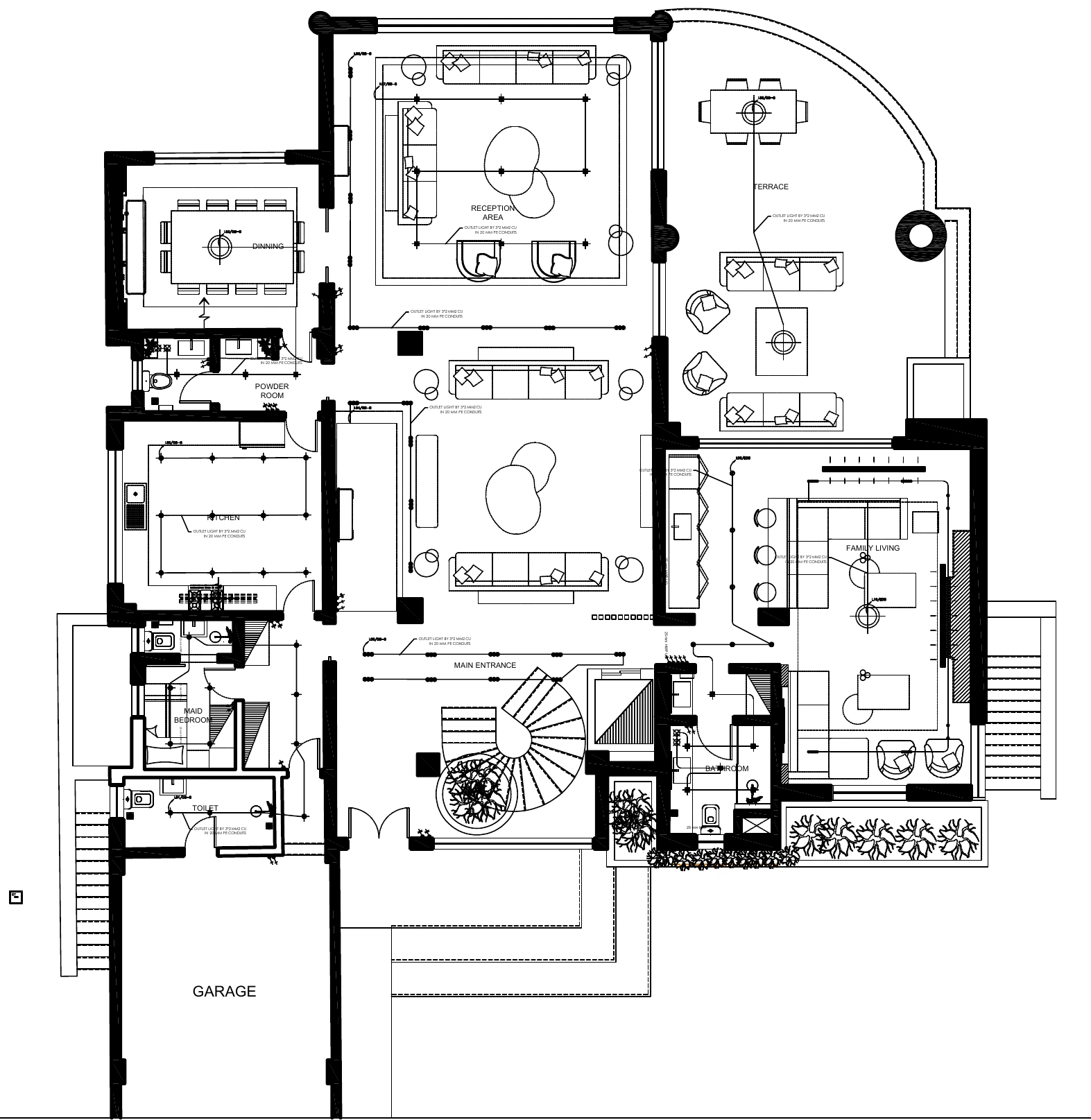 Elrabwa Villa ground-floor lighting plan: light fittings and circuit routes
