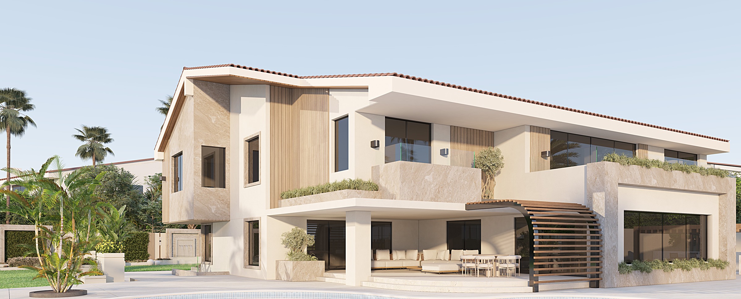 El-Rabwa Villa · pool-facing façade design visualisation